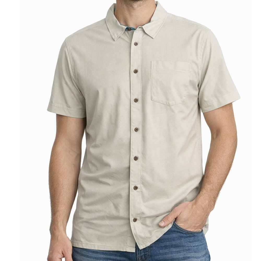 Margaritaville‎ Mens Short Sleeve Button Up Shirt Casual Beige Med, Island Vibe